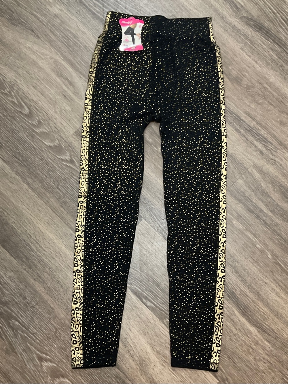 Girls' Black and Gold Dot Leggings with Leopard Side Stripe -